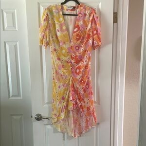 RIXO Floral High Low Dress in Pink and Yellow